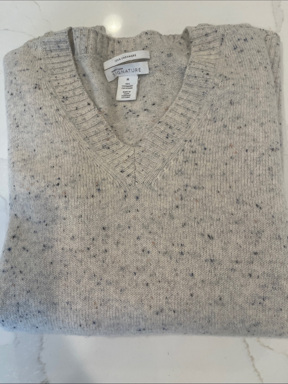 Nordstrom Signature Cream Speckled V-Neck Cashmere Blend Sweater